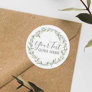 Rustic Wood & Botanical Leaf Branches Green Wreath Classic Round Sticker
