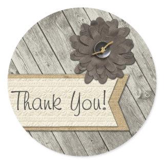 Rustic Wood Button Fabric Flower Burlap Thank You Classic Round Sticker