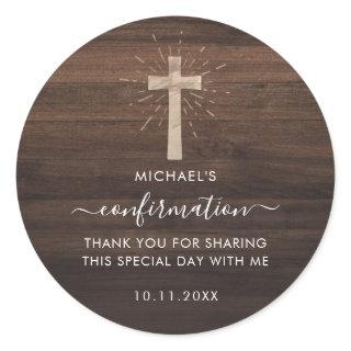 Rustic Wood Cross Confirmation Custom Classic Round Sticker