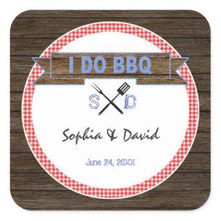Rustic Wood Gingham I DO BBQ Couples Shower Square Sticker