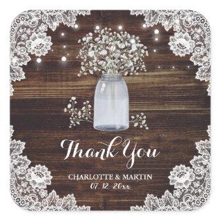 Rustic Wood Lace Mason Jar Baby's Breath Thank You Square Sticker