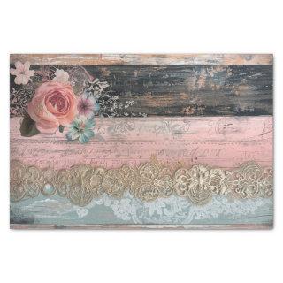 Rustic Wood, Lace, Pastel Flowers Decoupage Tissue Paper