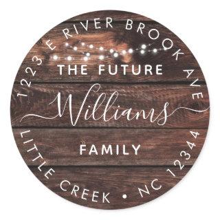 Rustic Wood + Lights | Future Mr and Mrs Address Classic Round Sticker