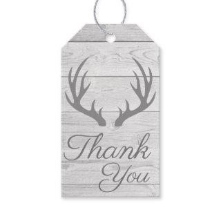 Rustic Wood Planks Gray Deer Antlers Thank You Gift Tags