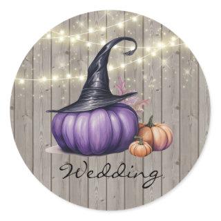 Rustic Wood Purple Pumpkin Wedding Classic Round Sticker