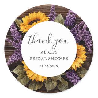 Rustic Wood Sunflower Lavender Bridal Shower Classic Round Sticker