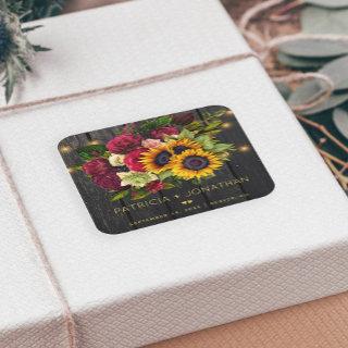Rustic wood sunflowers and burgundy roses wedding square sticker