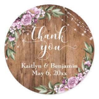 Rustic Wood, White Lights, Flowers Thank You Classic Round Sticker