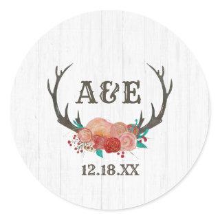 Rustic Woodland Deer Antler Boho Monogram Wedding Classic Round Sticker