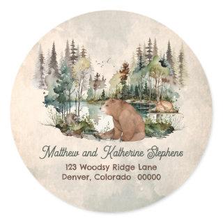 Rustic Woodland Forest Bear Return Address Classic Round Sticker