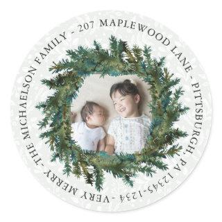 Rustic Wreath with Photo and Return Address Classic Round Sticker