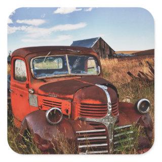 Rusting orange Dodge truck with abandoned farm Square Sticker