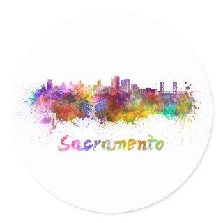 Sacramento skyline in watercolor classic round sticker