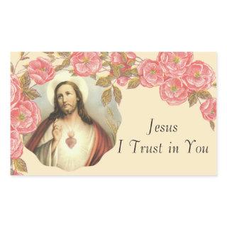 Sacred Heart of Jesus Floral Border Rectangular Sticker