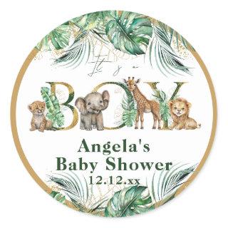 Safari Animal Jungle Green & Gold boy Baby Shower Classic Round Sticker