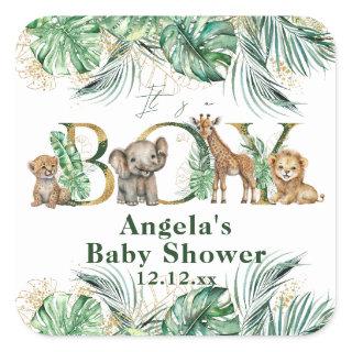 Safari Animal Jungle Green & Gold boy Baby Shower Square Sticker