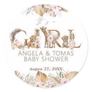Safari Animal Tropical Floral Girl Baby Shower Classic Round Sticker