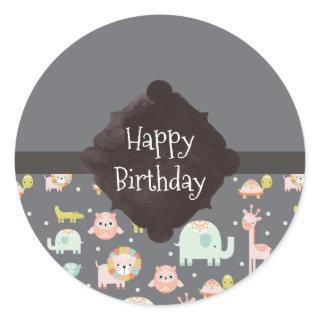 Safari Animals Pattern Nursery Art Happy Birthday Classic Round Sticker