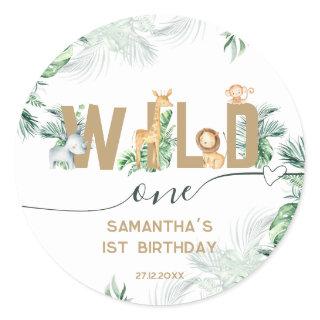 Safari Baby Animals Greenery 1st Birthday Wild one Classic Round Sticker