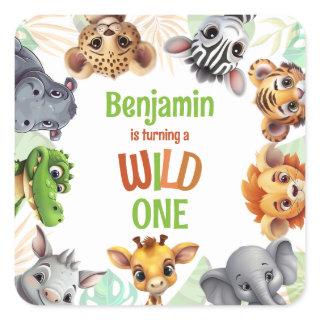 Safari Jungle Animal Kid's Wild One Birthday Party Square Sticker