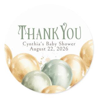 Sage and Beige Gold Balloons Thank You Classic Round Sticker