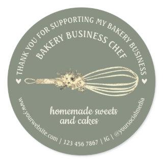 Sage Catering Bakery Chef Glitter Whisk Flower Classic Round Sticker