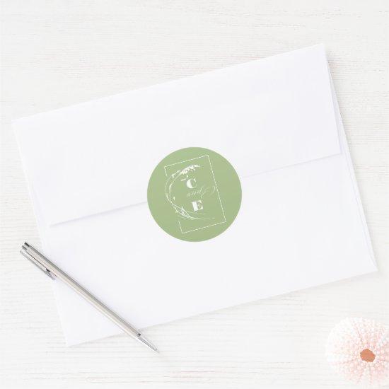 Sage Green and White Monogram Wedding Classic Round Sticker