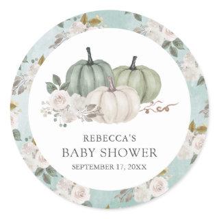 Sage Green Pumpkin Floral Fall Baby Shower Classic Round Sticker