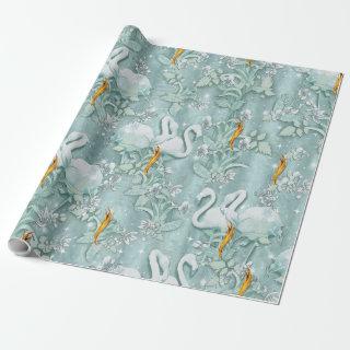 Sage green silk drapes & flamingos flowers
