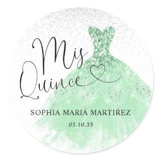 Sage Green Silver Dress Mis Quince Quinceañera Classic Round Sticker