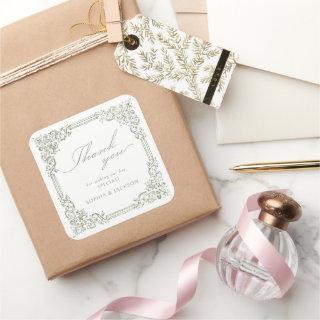 Sage Green Vintage Frame Elegant Script Thank You Square Sticker