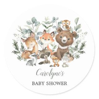 Sage Green Woodland Animals Greenery Baby Shower Classic Round Sticker