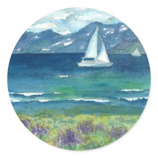 Sail Boat Mountain Lake Purple Watercolor Lupines Classic Round Sticker