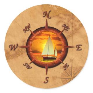Sailboat And Compass Rose Classic Round Sticker
