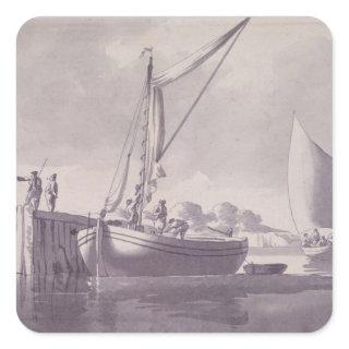 Sailing Barges Approaching a Wharf Square Sticker