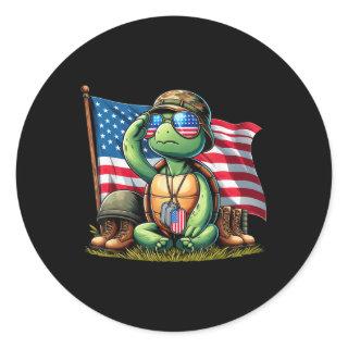 Salute Turtle American Usa Flag Memorial Day 4th O Classic Round Sticker