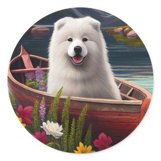 Samoyed on a Paddle: A Scenic Adventure Classic Round Sticker
