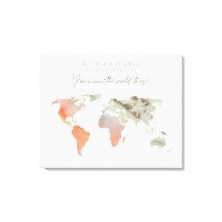 Sand/Orange Watercolor World Map Canvas Guest Book