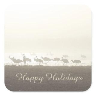 Sandhill Cranes in the Mist Happy Holidays Square Sticker
