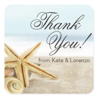 Sandy Beach Starfish Seashells Thank You Square Sticker