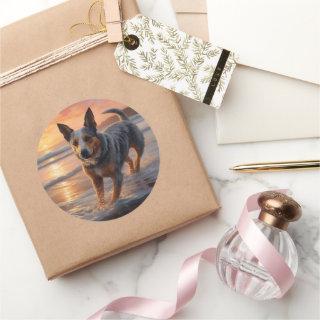 Sandy Paws Australian Cattle Dog on Beach Sunset Classic Round Sticker