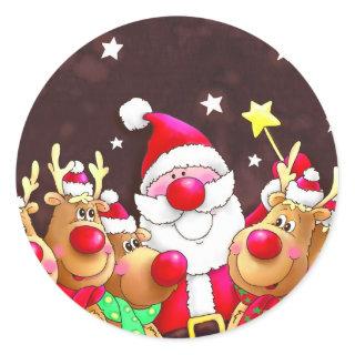 Santa and reindeer classic round sticker