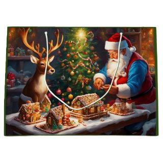 Santa and reindeer make gingerbread house large gift bag