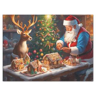 Santa and reindeer make gingerbread house tissue paper