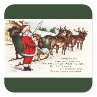 Santa and Sleigh with Reindeer Green Square Sticker