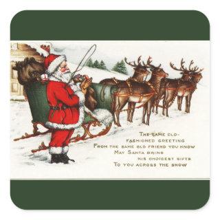 Santa and Sleigh with Reindeer Green Square Sticker