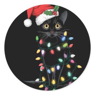 Santa Black Cat Tangled Up In Christmas Tree Light Classic Round Sticker