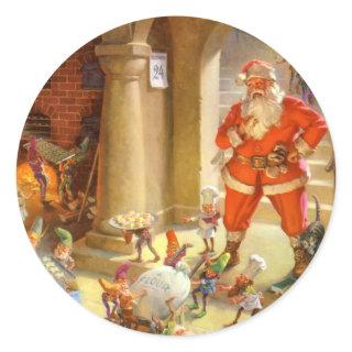 Santa Checks In With His Cookie Baking Elves Classic Round Sticker