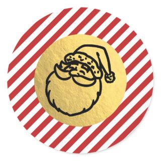 Santa Christmas Holiday Red Stripes Gold Foil Classic Round Sticker