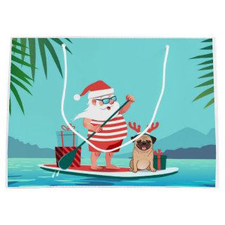 Santa Claus and His Pug on a Surfboard Large Gift Bag